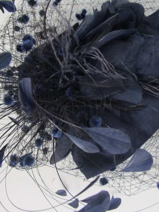 Flocked Veiled Cocktail Hat Silk Flower Feather Navy Wedding